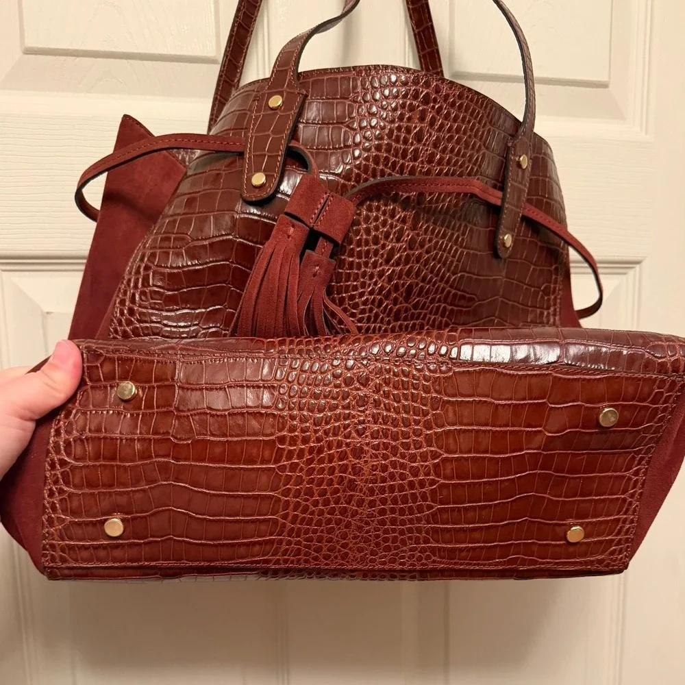 J. McLaughlin Crocodile‎ Embossed Leather and Suede with Tassel Tote in Brick
